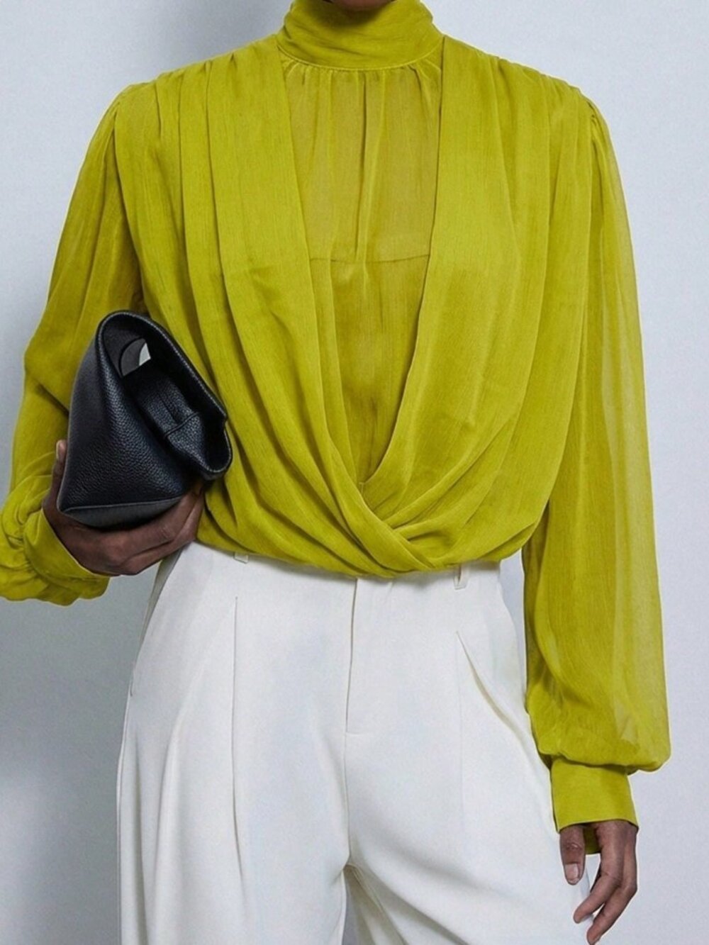 Green Chic Women's Mock Neck Blouse with Wrap Front and Oversized Puff Sleeves - Picture 3 of 7